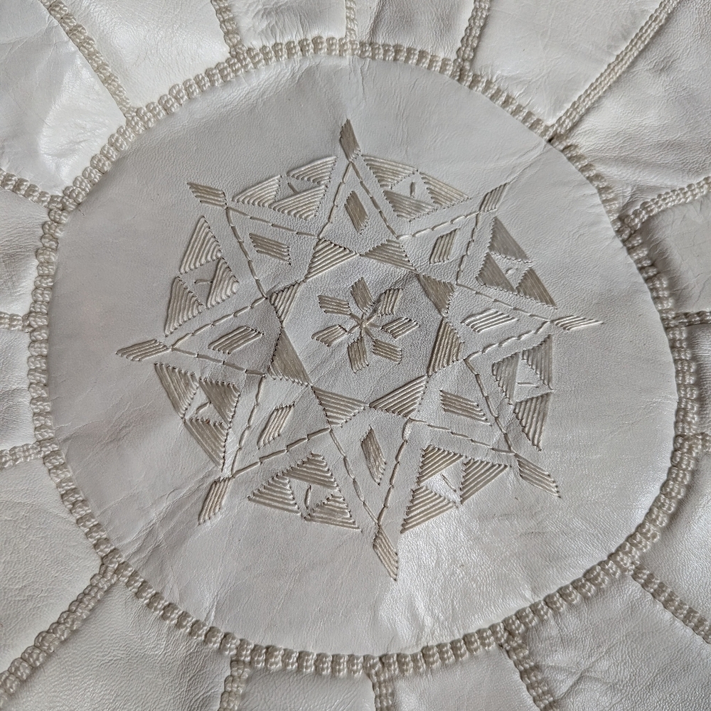 Embroidered Round Leather Pouf Ottoman - White - XL